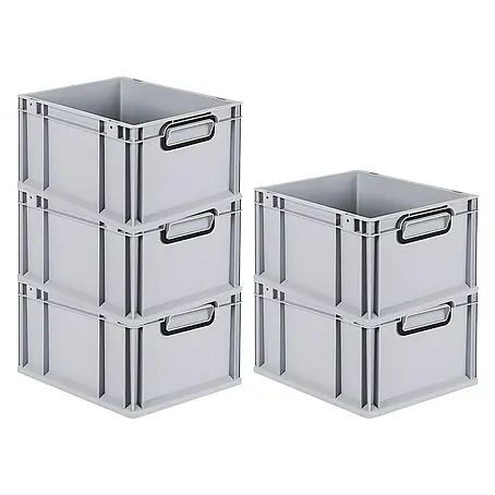 SparSet 5x Eurobox NextGen Color | HxBxT 22x30x40cm | 20 Liter | Griffe schwarz geschlossen | Glatter Boden | Grau | Eurobehälter, Transportbox, Transportbehälter, Stapelbehälter