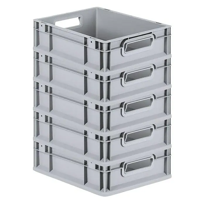 Proregal Euroboxen-Set 5x Eurobox NextGen Economy mit Scharnierdeckel und schwarzen Verschlüssen - L x B x H: 40 x 30 x 12 cm, Kunststoff, Grau, 5 Stk. - Graue Kunststoffboxen sind ordentlich übereinander gestapelt, mit praktischen Griffen für einfachen Transport und Organisation.