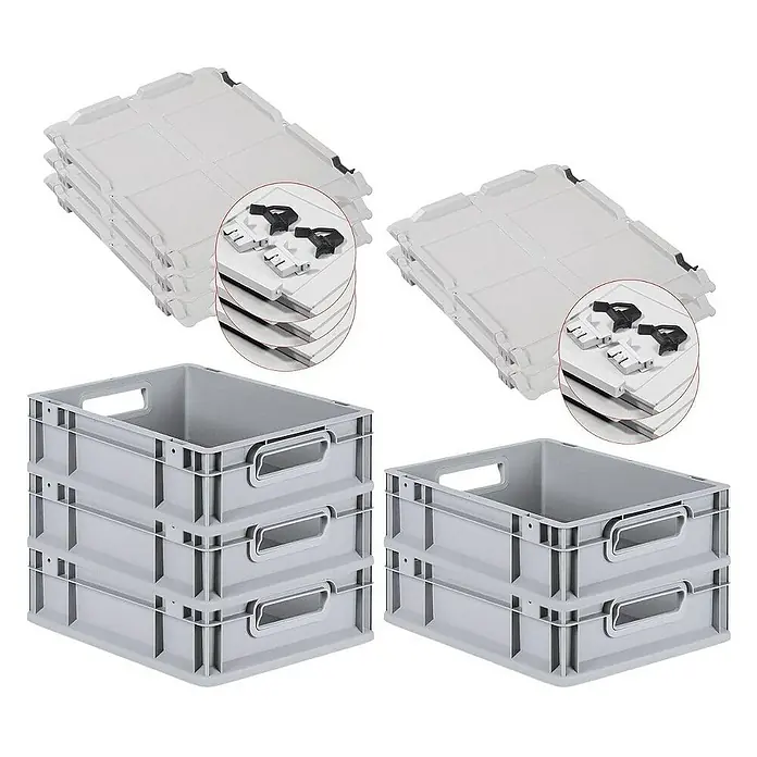 Proregal Euroboxen-Set 5x Eurobox NextGen Economy mit Scharnierdeckel und schwarzen Verschlüssen - L x B x H: 40 x 30 x 12 cm, Kunststoff, Grau, 5 Stk. - Abgebildet sind graue Lagerboxen mit Deckeln. Die Boxen sind stapelbar und haben Tragegriffe für den einfachen Transport.