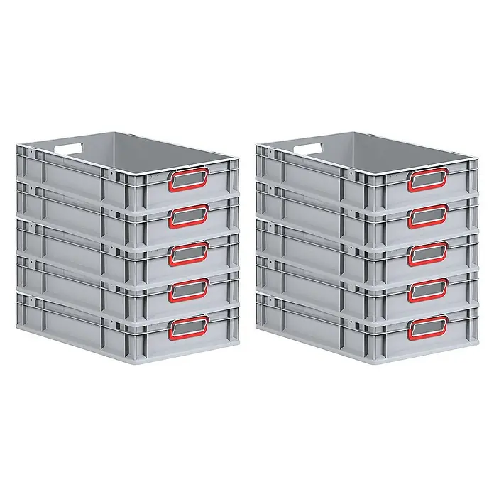 Proregal Euroboxen-Set 10x Eurobox NextGen Color - L x B x H: 60 x 40 x 12 cm, Kunststoff, Grau, Rot, 10 Stk. - Zwei Stapel grauer Kunststoffbehälter mit roten Griffen, ideal für Lagerung und Transport.