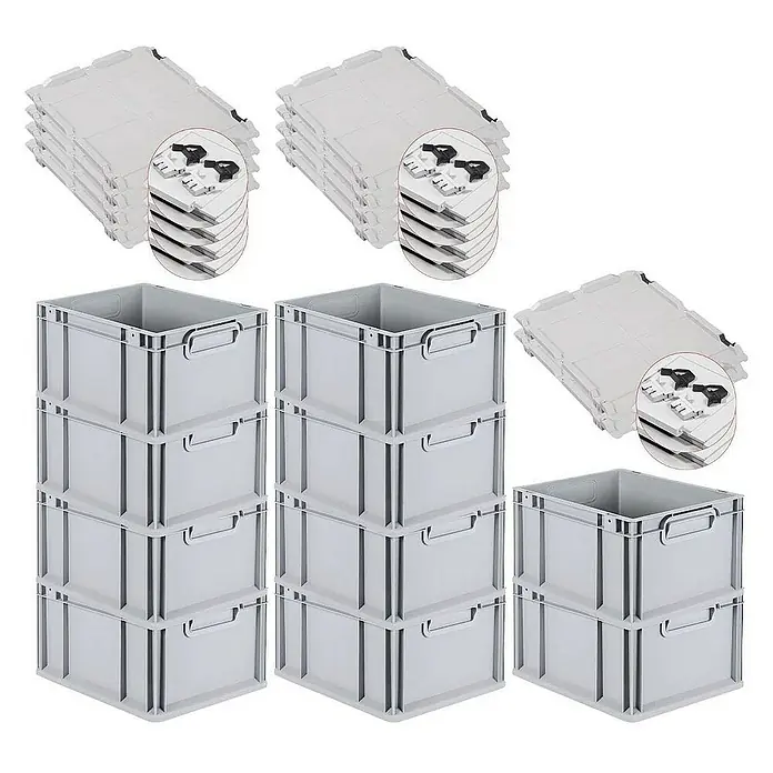 Proregal Euroboxen-Set 10x Eurobox NextGen Grip mit Scharnierdeckel und schwarzen Verschlüssen - L x B x H: 40 x 30 x 22 cm, Kunststoff, Grau, 10 Stk. - Stapelbare Eurobehälter mit Deckeln, ideal für Lagerung & Transport. Robuste Kunststoffkisten für Industrie, Gewerbe & Heim.