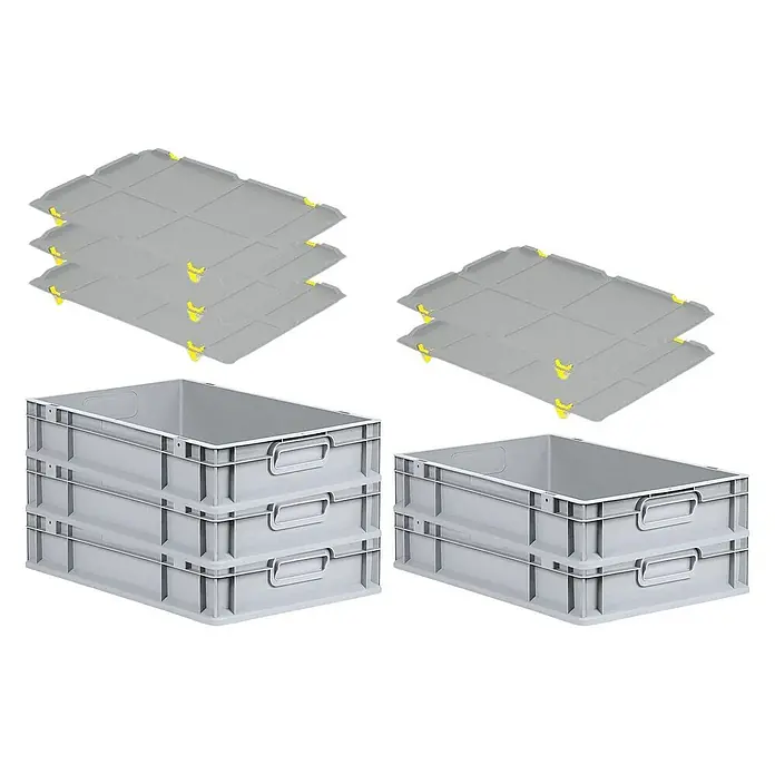 Proregal Euroboxen-Set 5x Eurobox NextGen Grip mit Auflagedeckel inkl. 4 gelben Verschlüssen - L x B x H: 60 x 40 x 12 cm, Kunststoff, Grau, 5 Stk. - Graue Eurobehälter mit Deckeln. Die praktischen, stapelbaren Kunststoffboxen sind ideal für Lagerung und Transport.