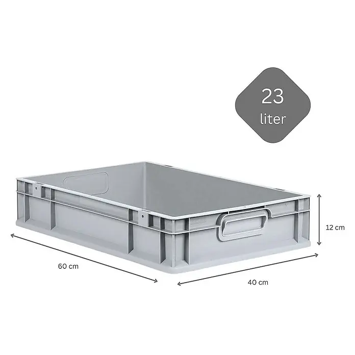 Proregal Euroboxen-Set 5x Eurobox NextGen Grip mit Auflagedeckel inkl. 4 gelben Verschlüssen - L x B x H: 60 x 40 x 12 cm, Kunststoff, Grau, 5 Stk. - Abbildung einer grauen Lagerbox mit den Maßen 60x40x12 cm und einem Fassungsvermögen von 23 Litern.