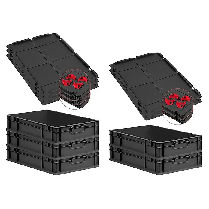 Proregal Euroboxen-Set 5x Eurobox NextGen Grip mit Auflagedeckel inkl. 4 roten Verschlüssen - L x B x H: 60 x 40 x 12 cm, Kunststoff, Schwarz, 5 Stk.