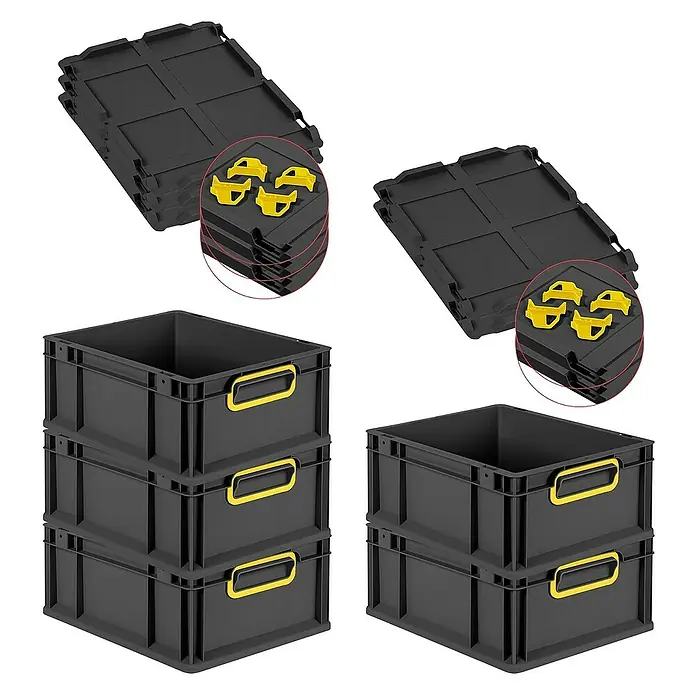 Proregal Euroboxen-Set 5x Eurobox NextGen Color mit Auflagedeckel und Schiebeschnappverschlüsse - L x B x H: 40 x 30 x 17 cm, Kunststoff, Schwarz, Gelb, 5 Stk. - Auf dem Bild sind schwarze Aufbewahrungsboxen mit gelben Griffen und dazugehörige Deckel zu sehen.