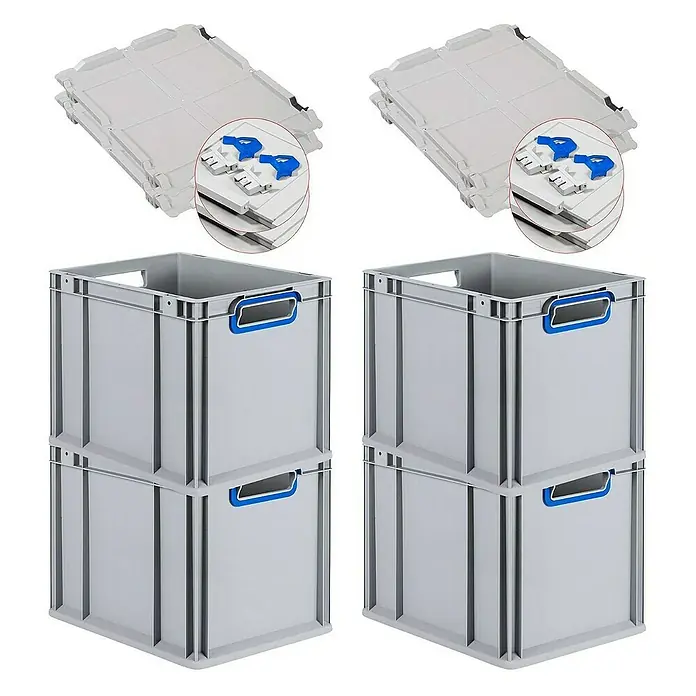 Proregal Euroboxen-Set 4x Eurobox NextGen Color mit Scharnierdeckel und Verschlüssen - Kunststoff, Grau, Blau, 4 Stk. - Bild von zwei Stapeln grauer Kunststoffboxen mit blauen Griffen und zwei grauen Deckeln mit blauen Verschlüssen.