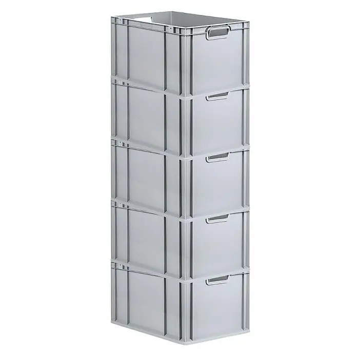 Proregal Euroboxen-Set 5x Eurobox NextGen Economy mit Scharnierdeckel und gelben Verschlüssen - L x B x H: 60 x 40 x 32 cm, Kunststoff, Grau, 5 Stk. - Ein Stapel aus fünf grauen Kunststoffbehältern, die sich durch praktische Griffmulden und eine robuste Bauweise auszeichnen. Ideal für Lagerung.