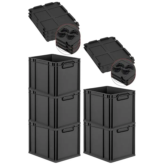 Proregal Euroboxen-Set 5x Eurobox NextGen Color mit Auflagedeckel und Schiebeschnappverschlüsse - Kunststoff, Schwarz, Schwarz, 5 Stk. - Schwarze Kunststoff-Faltboxen und Deckel, ideal für Lagerung und Transport.
