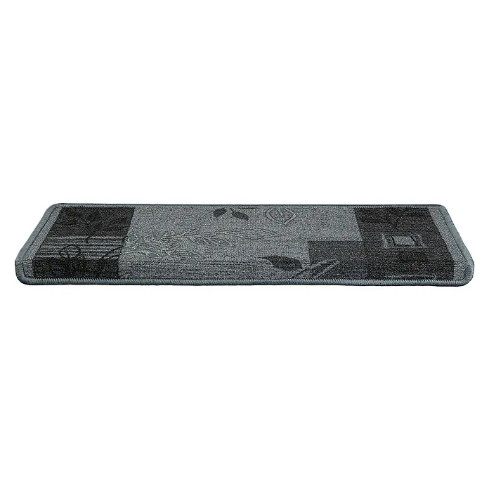 Stufenmatte Akzent - 65 x 23,5 cm, Grau, Rechteck - Ein rechteckiger, grauer Teppich mit abstraktem Pflanzenmuster und Fransen an den Kanten, ideal für jeden Raum.