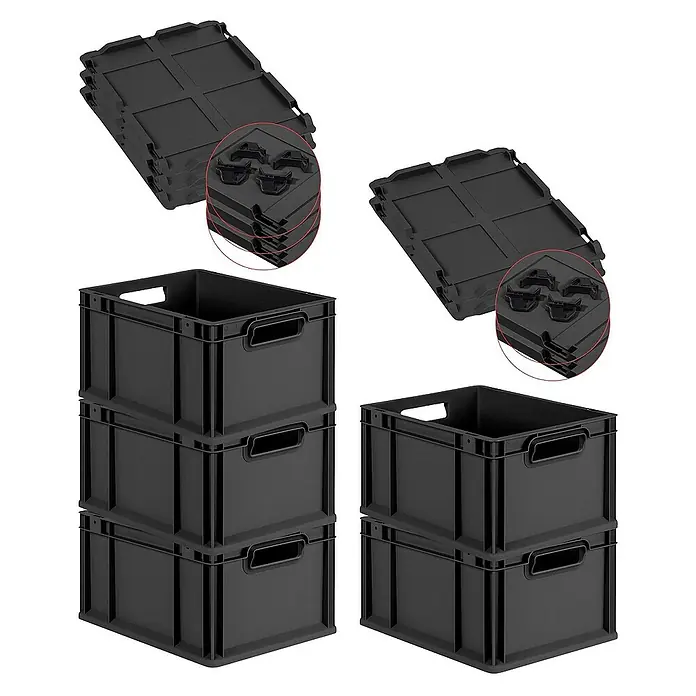 SparSet 5x Eurobox NextGen Grip mit Auflagedeckel inkl. 4 schwarzen Schiebeschnappverschlüssen | HxBxT 22x30x40cm | 20 Liter | Schwarz | Griffe offen | Eurobehälter, Transportbox, Transportbehälter, Stapelbehälter -  - Bild von stapelbaren schwarzen Kunststoffboxen mit dazugehörigen Deckeln.