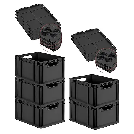 SparSet 5x Eurobox NextGen Grip mit Auflagedeckel inkl. 4 schwarzen Schiebeschnappverschlüssen | HxBxT 22x30x40cm | 20 Liter | Schwarz | Griffe offen | Eurobehälter, Transportbox, Transportbehälter, Stapelbehälter