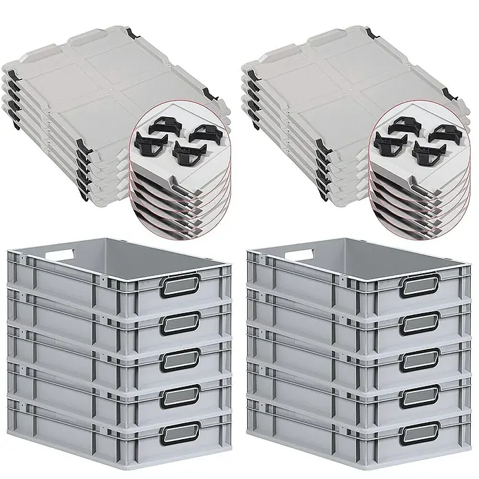 Proregal Euroboxen-Set 10x Eurobox NextGen Color mit Auflagedeckel und Schiebeschnappverschlüsse - L x B x H: 60 x 40 x 12 cm, Kunststoff, Grau, Schwarz, 10 Stk. - Bild von zwei Stapeln grauer Kunststoffbehälter mit Etikettenhaltern und Deckeln, die für Ordnung und Organisation sorgen.