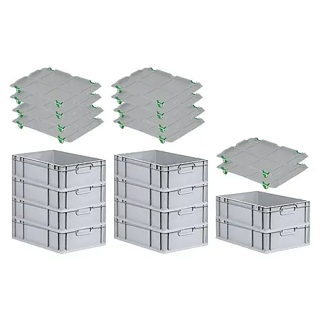 SparSet 10x Eurobox NextGen Economy mit Auflagedeckel und 4x Schiebeschnappverschlüsse Grün | Griffe geschlossen | HxBxT 17x40x60cm | 34 Liter | Eurobehälter, Transportbox, Transportbehälter, Stapelbehälter