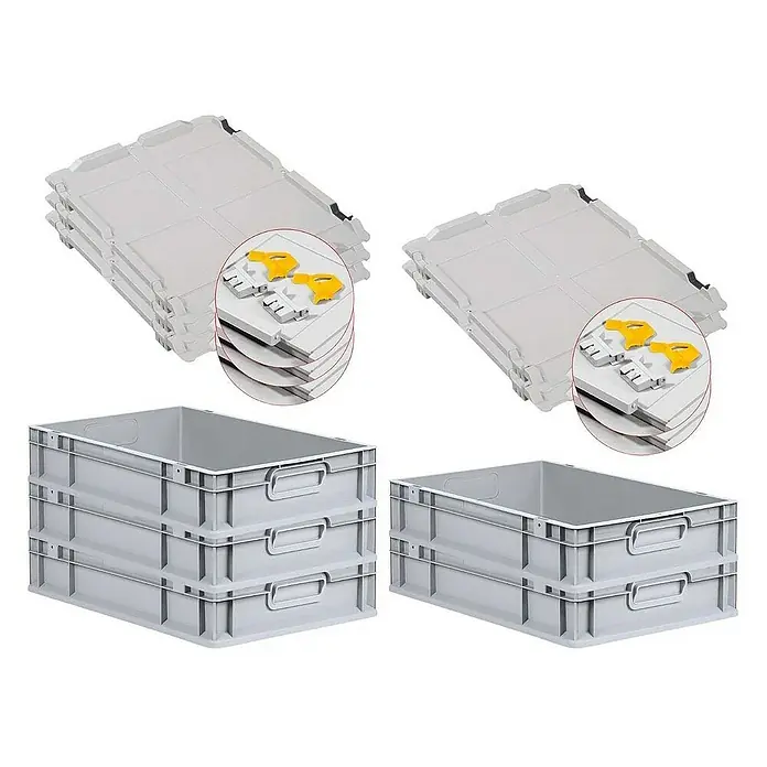 Proregal Euroboxen-Set 5x Eurobox NextGen Grip mit Scharnierdeckel und gelben Verschlüssen - L x B x H: 60 x 40 x 12 cm, Kunststoff, Grau, 5 Stk. - Bild von grauen Stapelboxen und Deckeln, ideal für Lagerung und Transport. Das System ist platzsparend und robust.