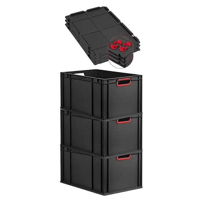Proregal Euroboxen-Set 3x Eurobox NextGen Color mit Auflagedeckel und Schiebeschnappverschlüsse - L x B x H: 60 x 40 x 32 cm, Kunststoff, Schwarz, Rot, 3 Stk. - Schwarze Kunststoffboxen und Deckel, die sich ideal für Lagerung und Organisation eignen. Die Boxen sind stapelbar und mit roten Griffen versehen.