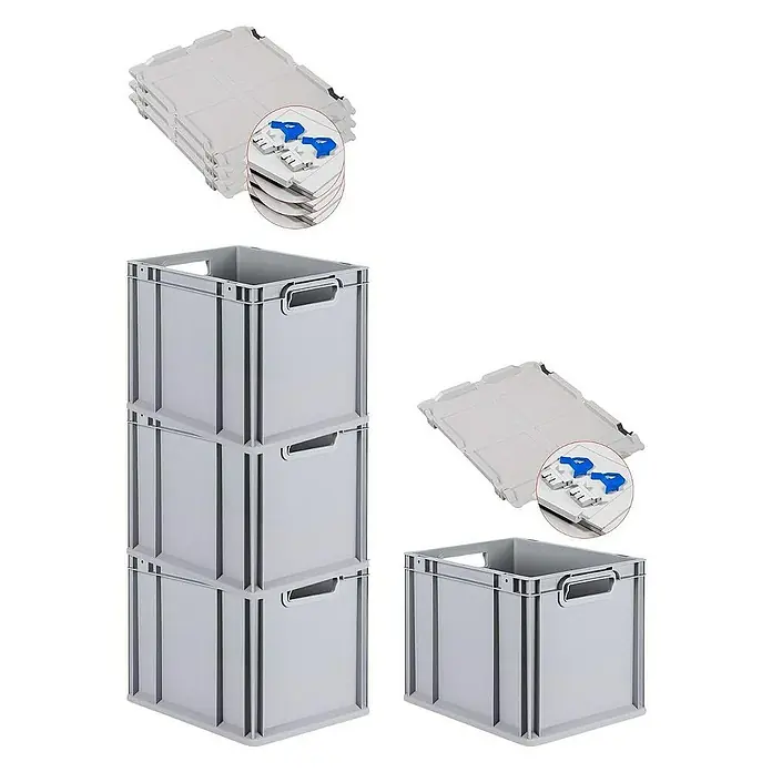 Proregal Euroboxen-Set 4x Eurobox NextGen Economy mit Scharnierdeckel und blauen Verschlüssen - L x B x H: 40 x 30 x 32 cm, Kunststoff, Grau, 4 Stk. - Abbildung von grauen Kunststoffbehältern mit Deckeln, die sich ideal für Lagerung und Transport eignen.
