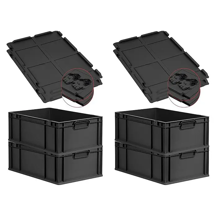 Proregal Euroboxen-Set 4x Eurobox NextGen Grip mit Scharnierdeckel und schwarzen Verschlüssen - Kunststoff, Schwarz, 4 Stk. - Schwarze Aufbewahrungsboxen und Deckel im Set. Ideal für Lagerung und Transport, stapelbar und robust.