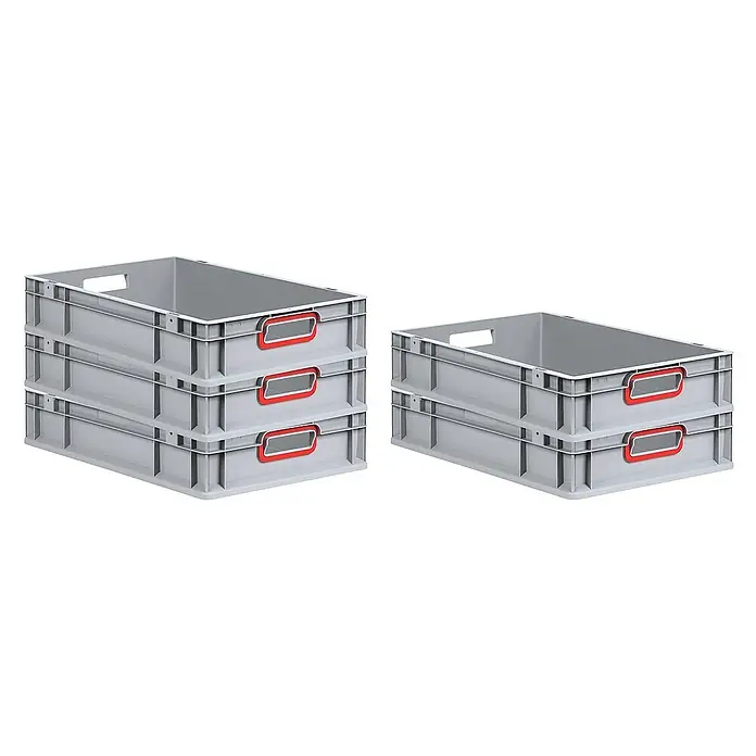 Proregal Euroboxen-Set 8x Eurobox NextGen Color - L x B x H: 60 x 40 x 12 cm, Kunststoff, Grau, Rot, 8 Stk. - Eine Nahaufnahme von stapelbaren grauen Kunststoffbehältern mit roten Griffen, die sich ideal für Lagerung und Organisation eignen.