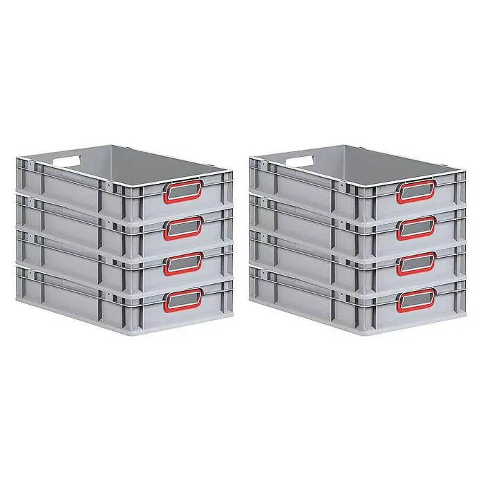 Proregal Euroboxen-Set 8x Eurobox NextGen Color - L x B x H: 60 x 40 x 12 cm, Kunststoff, Grau, Rot, 8 Stk. - Zwei Stapel grauer Kunststoffboxen mit roten Etikettenhaltern, ideal für Lagerung und Ordnung in Werkstatt oder Lager.