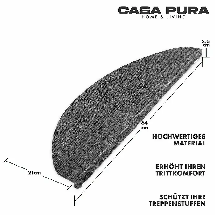 Stufenmatte Leipzig - 64 x 21 cm, Grau, Halbrund - Abmessungen der grauen Treppenstufe Casa Pura: 64 cm Länge, 21 cm Tiefe und 3,5 cm Höhe. Schützt Treppen und bietet Komfort.