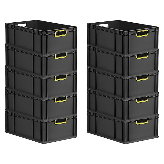 Proregal Euroboxen-Set 10x Eurobox NextGen Color - Kunststoff, Schwarz, Gelb, 10 Stk. - Stapel von schwarzen Kunststoffboxen mit gelben Griffen. Ideal für Lagerung und Organisation in Werkstatt oder Lager.