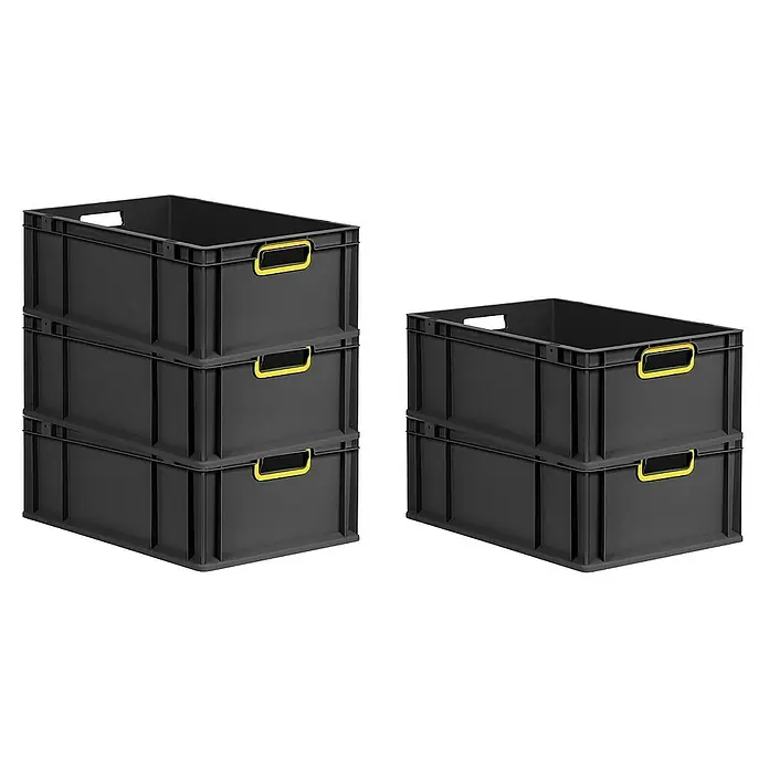 Proregal Euroboxen-Set 10x Eurobox NextGen Color - Kunststoff, Schwarz, Gelb, 10 Stk. - Graue Kunststoffbehälter mit gelben Griffen, gestapelt für Lagerung und Organisation.\n
