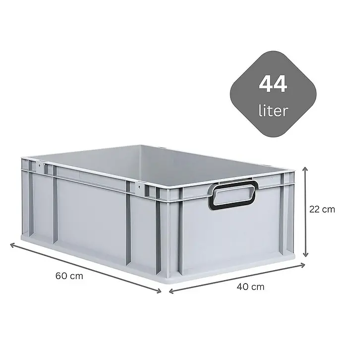 Proregal Euroboxen-Set 5x Eurobox NextGen Color mit Auflagedeckel und Schiebeschnappverschlüsse - L x B x H: 60 x 40 x 22 cm, Kunststoff, Grau, Schwarz, 5 Stk. - Graue Kunststoffbox mit den Maßen 60x40x22 cm und einem Fassungsvermögen von 44 Litern.