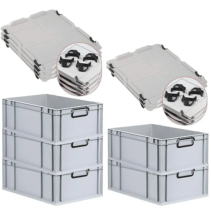 Proregal Euroboxen-Set 5x Eurobox NextGen Color mit Auflagedeckel und Schiebeschnappverschlüsse - L x B x H: 60 x 40 x 22 cm, Kunststoff, Grau, Schwarz, 5 Stk. - Bild von grauen Lagerboxen mit Deckel. Praktische Aufbewahrungslösung für Ordnung und Organisation.