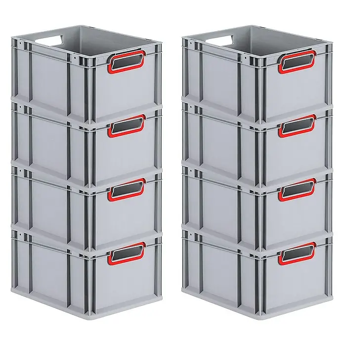 Proregal Euroboxen-Set 8x Eurobox NextGen Color - L x B x H: 40 x 30 x 22 cm, Kunststoff, Grau, Rot, 8 Stk. - Zwei Stapel grauer Kunststoffbehälter mit roten Griffen, die sich ideal für Lagerung und Organisation eignen.