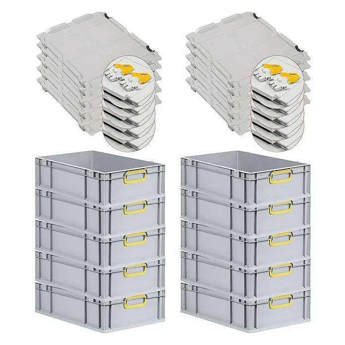 Proregal Euroboxen-Set 10x Eurobox NextGen Color mit Scharnierdeckel und Verschlüssen - L x B x H: 60 x 40 x 17 cm, Kunststoff, Grau, Gelb, 10 Stk. - Zwei Stapel grauer Kunststoffbehälter und zwei Stapel grauer Deckel mit gelben Verschlüssen.