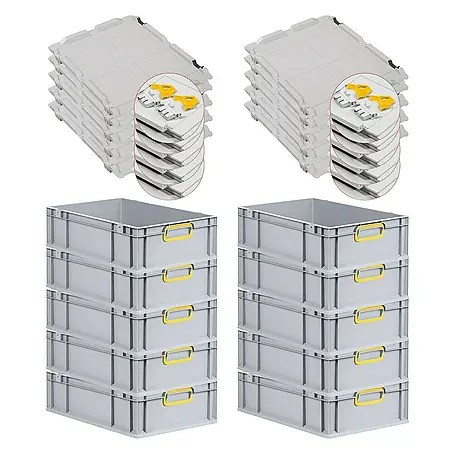 SuperSparSet 10x Eurobox NextGen Color mit Scharnierdeckel und Schiebeschnappverschlüssen | HxBxT 17x40x60cm | 34 Liter | Grau | Griffe gelb geschlossen | Glatter Boden | Eurobehälter, Transportbox, Transportbehälter, Stapelbehälter