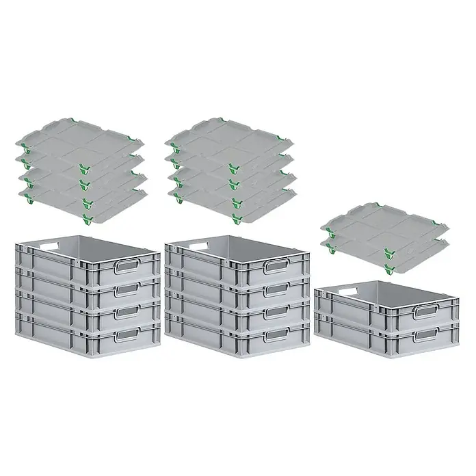 Proregal Euroboxen-Set 10x Eurobox NextGen Grip mit Auflagedeckel inkl. 4 grünen Verschlüssen - L x B x H: 60 x 40 x 12 cm, Kunststoff, Grau, 10 Stk. - Graue Kunststoffboxen und Deckel, perfekt für Lagerung und Transport. Die Boxen sind stapelbar und die Deckel schützen den Inhalt vor Staub.
