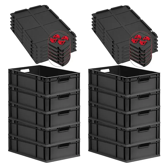 Proregal Euroboxen-Set 10x Eurobox NextGen Grip mit Auflagedeckel inkl. 4 roten Verschlüssen - L x B x H: 60 x 40 x 17 cm, Kunststoff, Schwarz, 10 Stk. - Bild von schwarzen Kunststoff-Lagerboxen und Deckeln, ideal für die Organisation von Gegenständen in Lager oder Büro.