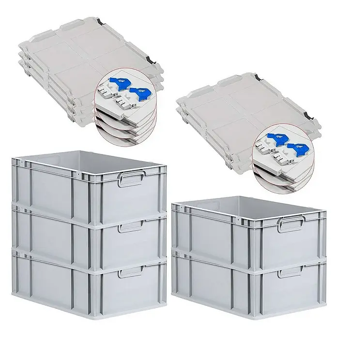 SuperSparSet 5x Eurobox NextGen Grip mit Scharnierdeckel und blauen Schiebeschnappverschlüssen | HxBxT 22x40x60cm | 44 Liter | Grau | Griffe geschlossen | Verstärkter Boden | Eurobehälter, Transportbox, Transportbehälter, Stapelbehälter -  - Mehrere graue Eurobehälter, gestapelt und leer, zusammen mit passenden Deckeln für Lagerung und Transport.