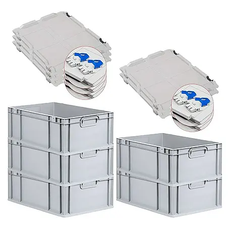 SuperSparSet 5x Eurobox NextGen Grip mit Scharnierdeckel und blauen Schiebeschnappverschlüssen | HxBxT 22x40x60cm | 44 Liter | Grau | Griffe geschlossen | Verstärkter Boden | Eurobehälter, Transportbox, Transportbehälter, Stapelbehälter