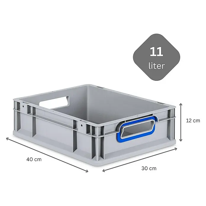 Proregal Euroboxen-Set 5x Eurobox NextGen Color - L x B x H: 40 x 30 x 12 cm, Kunststoff, Grau, Blau, 5 Stk. - Abgebildet ist eine graue Lagerbox mit den Maßen 40 x 30 x 12 cm und einem Fassungsvermögen von 11 Litern. Die Box verfügt über blaue Griffe.
