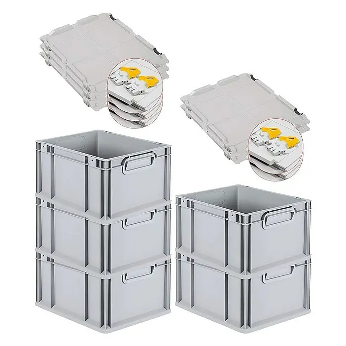 Proregal Euroboxen-Set 5x Eurobox NextGen Grip mit Scharnierdeckel und gelben Verschlüssen - L x B x H: 40 x 30 x 22 cm, Kunststoff, Grau, 5 Stk. - Graue Lagerboxen und passende Deckel. Die robusten Boxen sind ideal für Lagerung und Transport, die Deckel schützen den Inhalt.
