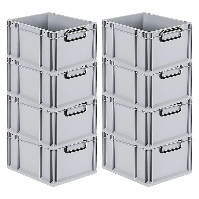 Proregal Euroboxen-Set 8x Eurobox NextGen Color - L x B x H: 40 x 30 x 22 cm, Kunststoff, Grau, Schwarz, 8 Stk. - Zwei Stapel grauer Kunststoffboxen mit Griffen stehen nebeneinander und bieten eine robuste Aufbewahrungslösung.