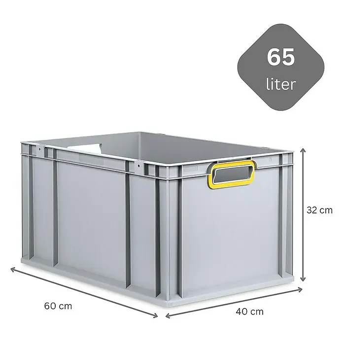 Proregal Euroboxen-Set 3x Eurobox NextGen Color - L x B x H: 60 x 40 x 32 cm, Kunststoff, Grau, Gelb, 3 Stk. - Abbildung einer grauen 65-Liter-Kunststoffbox mit gelben Griffen und Maßangaben (60 cm x 40 cm x 32 cm).