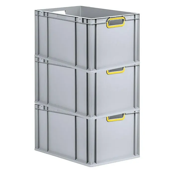 Proregal Euroboxen-Set 3x Eurobox NextGen Color - L x B x H: 60 x 40 x 32 cm, Kunststoff, Grau, Gelb, 3 Stk. - Gestapelte graue Kunststoffbehälter mit gelben Griffen für Lagerung und Transport. Robuste Boxen im Set.
