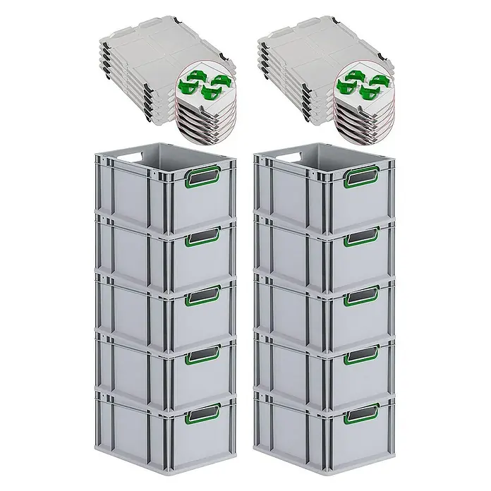 SparSet 10x Eurobox NextGen Color mit Auflagedeckel und Schiebeschnappverschlüsse | HxBxT 22x30x40cm | 20 Liter | Grau | Griffe grün offen | Glatter Boden | Eurobehälter, Transportbox, Transportbehälter, Stapelbehälter -  - Bild von zwei Stapeln grauer Lagerboxen mit grünen Griffen und zwei Stapeln passender Deckel.