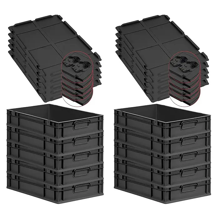 Proregal Euroboxen-Set 10x Eurobox NextGen Grip mit Scharnierdeckel und schwarzen Verschlüssen - L x B x H: 60 x 40 x 12 cm, Kunststoff, Schwarz, 10 Stk. - Bild von zwei Stapeln schwarzer Kunststoffboxen und zwei Stapeln flacher Boxen, die für Lagerzwecke ordentlich gestapelt sind.