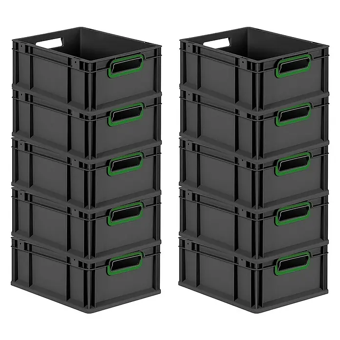 Proregal Euroboxen-Set 10x Eurobox NextGen Color - L x B x H: 40 x 30 x 17 cm, Kunststoff, Schwarz, Grün, 10 Stk. - Zwei Stapel grauer Kunststoffbehälter mit grünen Griffen, ideal für Lagerung und Organisation.