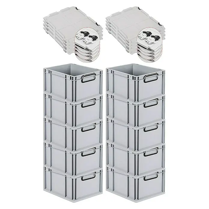 SuperSparSet 10x Eurobox NextGen Color mit Scharnierdeckel und Schiebeschnappverschlüssen | HxBxT 22x30x40cm | 20 Liter | Grau | Griffe schwarz geschlossen | Glatter Boden | Eurobehälter, Transportbox, Transportbehälter, Stapelbehälter -  - Bild von zwei Stapeln grauer Lagerkisten und zwei Stapeln grauer Deckel, die ideal für die Organisation und Aufbewahrung sind.