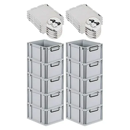 SuperSparSet 10x Eurobox NextGen Color mit Scharnierdeckel und Schiebeschnappverschlüssen | HxBxT 22x30x40cm | 20 Liter | Grau | Griffe schwarz geschlossen | Glatter Boden | Eurobehälter, Transportbox, Transportbehälter, Stapelbehälter