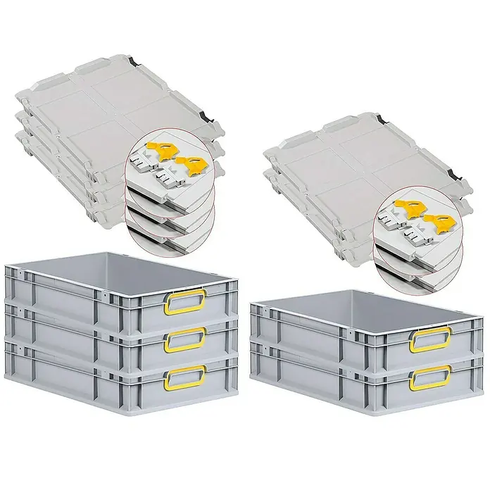 Proregal Euroboxen-Set 5x Eurobox NextGen Color mit Scharnierdeckel und Verschlüssen - L x B x H: 60 x 40 x 12 cm, Kunststoff, Grau, Gelb, 5 Stk. - Graue Lagerbehälter und Deckel: Set mit robusten Kunststoffboxen und passenden Deckeln für Lagerung und Organisation.
