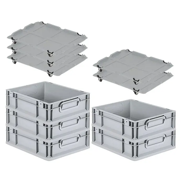 Proregal Euroboxen-Set 5x Eurobox NextGen Economy mit Auflagedeckel und 4x Verschlüsse Schwarz - Kunststoff, Grau, 5 Stk. - Graue Eurobehälter und Rollbretter: Stapelbare Kunststoffbehälter für Lagerung und Transport, kombiniert mit praktischen Rollbrettern.