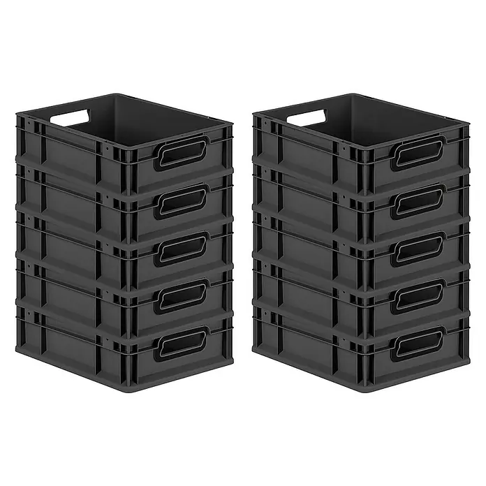 Proregal Euroboxen-Set 10x Eurobox NextGen Color - L x B x H: 40 x 30 x 12 cm, Kunststoff, Schwarz, Schwarz, 10 Stk. - Abgebildet sind zwei Stapel grauer Aufbewahrungsboxen aus Kunststoff mit praktischen Griffen, ideal für Ordnung und Lagerung verschiedener Gegenstände.