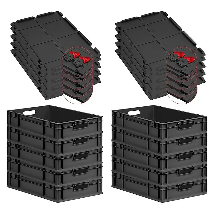 Proregal Euroboxen-Set 10x Eurobox NextGen Grip mit Scharnierdeckel und roten Verschlüssen - L x B x H: 60 x 40 x 12 cm, Kunststoff, Schwarz, 10 Stk. - Das Bild zeigt zwei Stapel von schwarzen Kunststoffboxen und zwei Stapel von schwarzen Deckeln mit roten Verschlüssen.