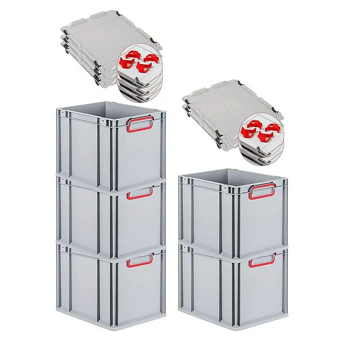 Proregal Euroboxen-Set 5x Eurobox NextGen Color mit Auflagedeckel und Schiebeschnappverschlüsse - Kunststoff, Grau, Rot, 5 Stk. - Abbildung von stapelbaren, grauen Kunststoffbehältern mit roten Griffen und passenden Deckeln.